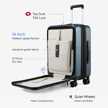 LUGGEX FLO 5 Core carry-on luggage showing 16-inch padded laptop section, mesh compartment, and dual TSA lock for easy business travel. 