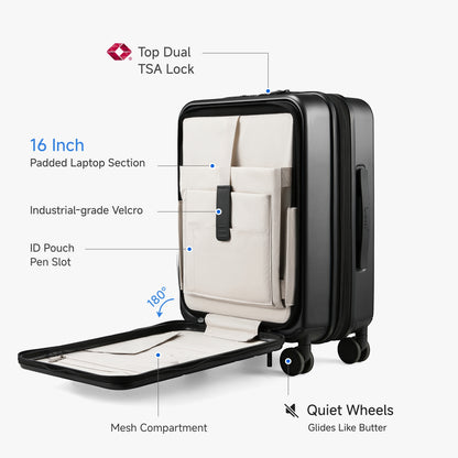 LUGGEX FLO 5 Core carry-on luggage showing 16-inch padded laptop section, mesh compartment, and dual TSA lock for easy business travel. 