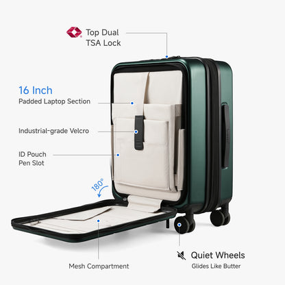 LUGGEX FLO 5 Core carry-on luggage showing 16-inch padded laptop section, mesh compartment, and dual TSA lock for easy business travel. 