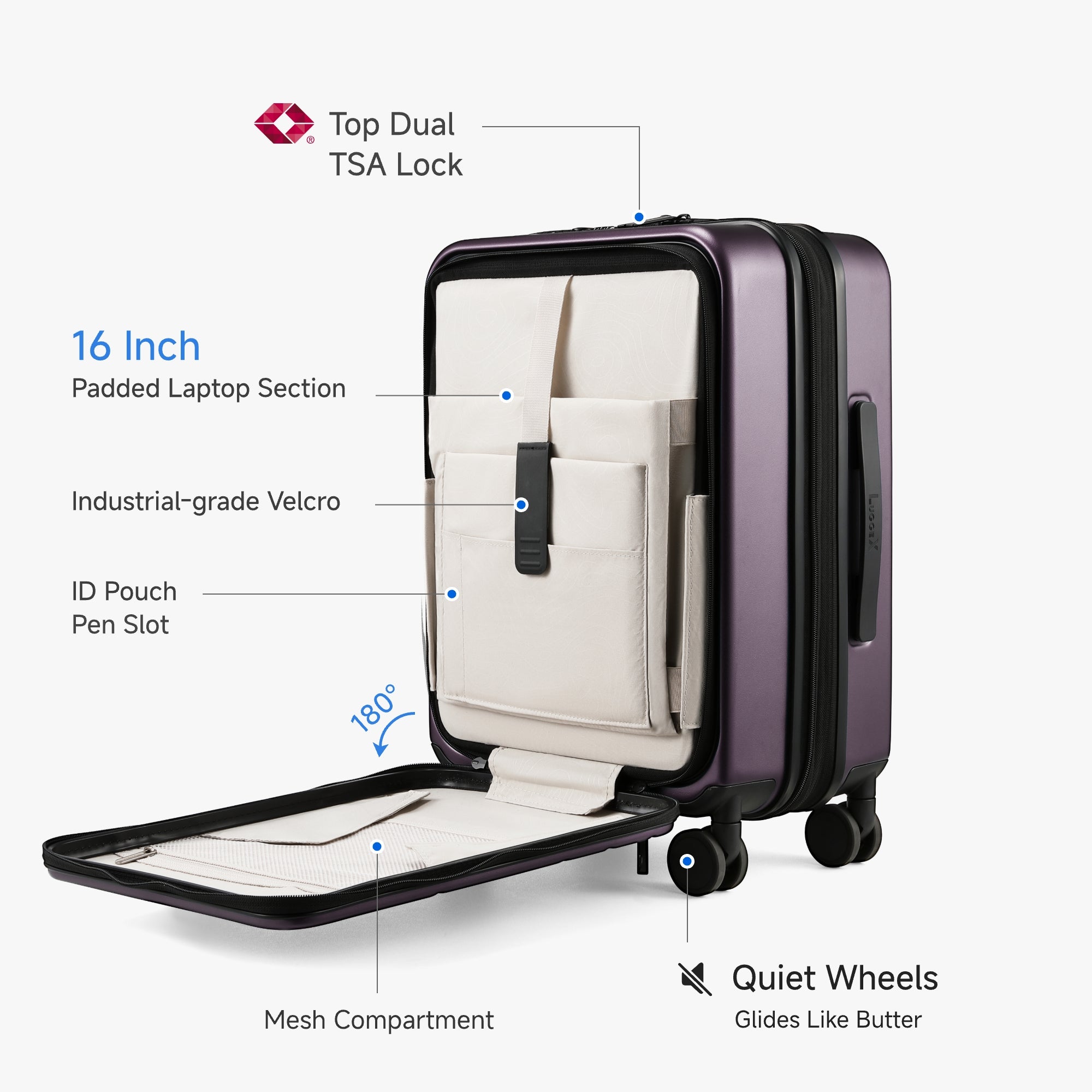 LUGGEX FLO 5 Core carry-on luggage showing 16-inch padded laptop section, mesh compartment, and dual TSA lock for easy business travel. 
