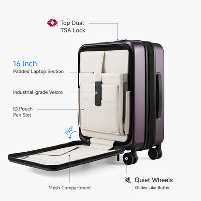 LUGGEX FLO 5 Core carry-on luggage showing 16-inch padded laptop section, mesh compartment, and dual TSA lock for easy business travel. 