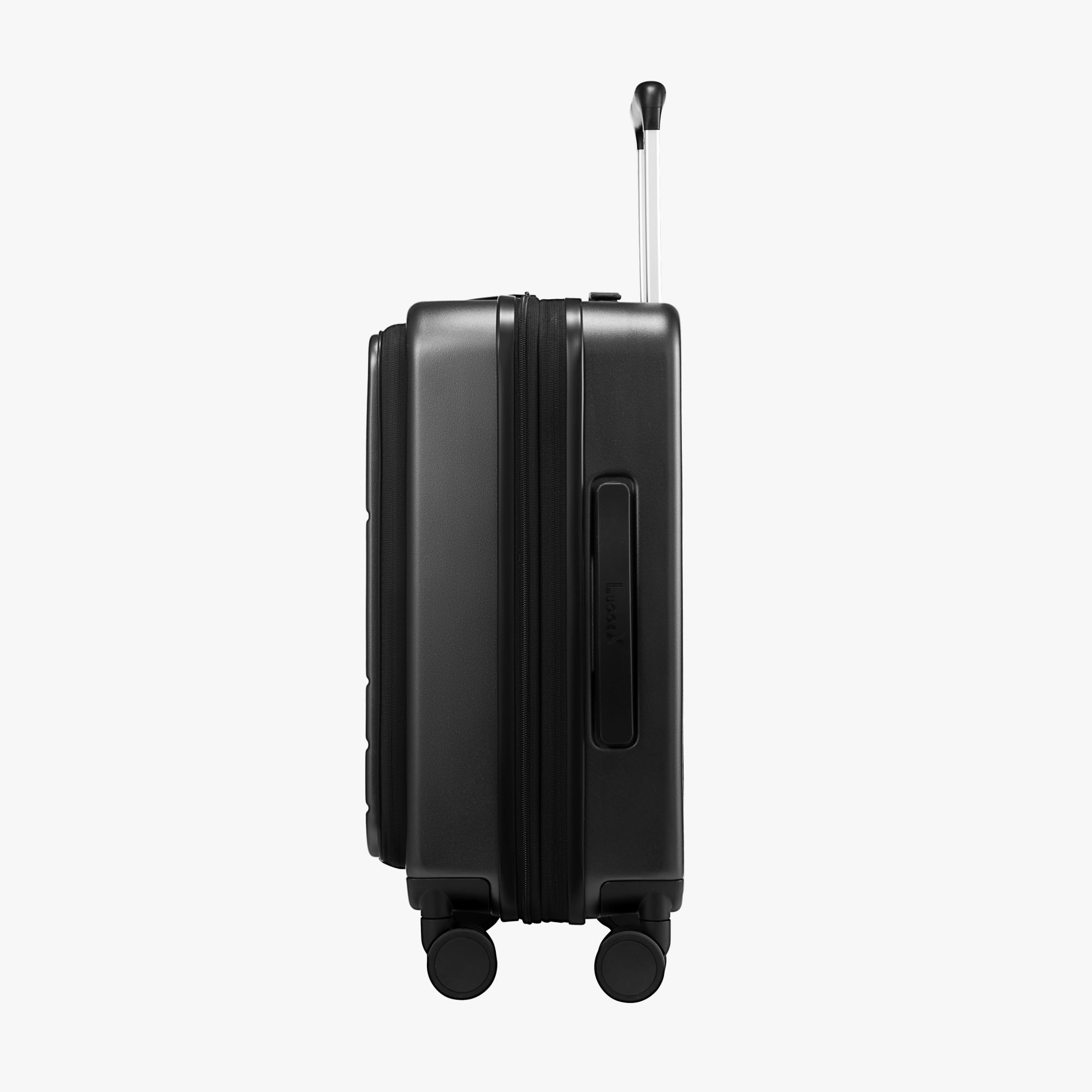 Side profile of LUGGEX FLO 5 Core 20-inch front-opening suitcase highlighting compact and sleek body design. 