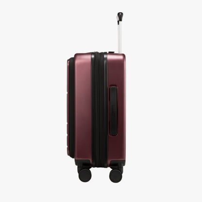 Side profile of Luggex FLO 5 Core 20-inch front-opening suitcase highlighting compact and sleek body design. 