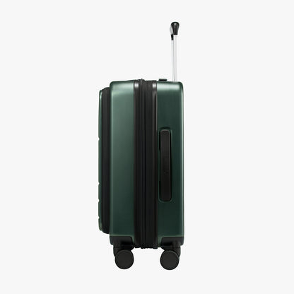 Side profile of Luggex FLO 5 Core 20-inch front-opening suitcase highlighting compact and sleek body design. 
