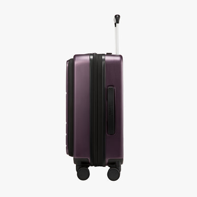 Side profile of LUGGEX FLO5 Core 20-inch carry-on luggage showing its slim vertical design #color_purple #show