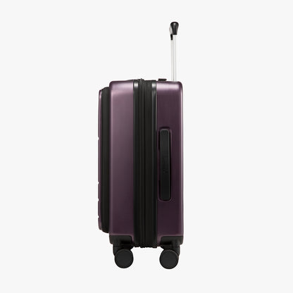 Side profile of LUGGEX FLO 5 Core 20-inch front-opening suitcase highlighting compact and sleek body design. 