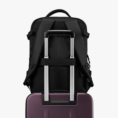 Close-up of the bag-friendly handle on the LUGGEX FLO5 Core suitcases, allowing a backpack to slide securely over the suitcase handle. 