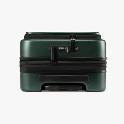 Close-up of dual TSA lock and expandable zipper on Luggex FLO 5 Core 20-inch carry-on suitcase. 