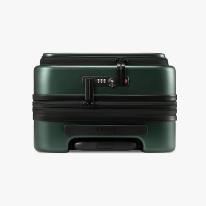 Close-up of dual TSA lock and expandable zipper on Luggex FLO 5 Core 20-inch carry-on suitcase. 