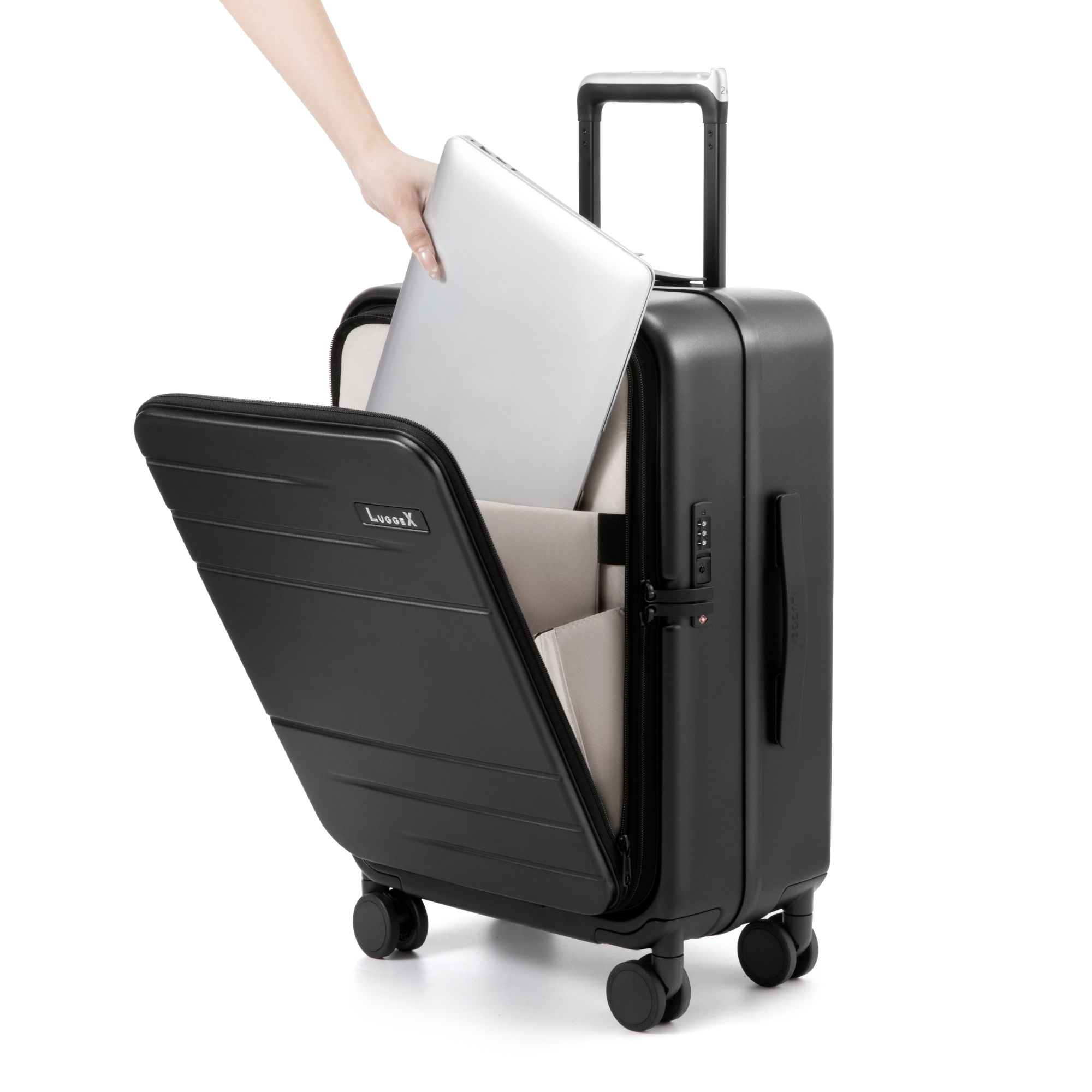 LUGGEX front-open carry-on luggage with a quick-access laptop pocket designed for slim laptops up to 17.5 inches 