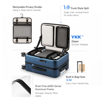 LUGGEX FLA front open carry-on suitcase showing trunk-style interior, removable privacy divider, YKK zipper, built-in bag hook, and rivet-free aluminum frame

#color_blue