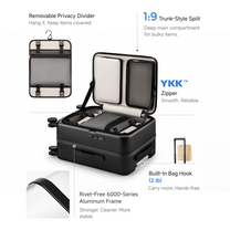 LUGGEX FLA front open carry-on suitcase showing trunk-style interior, removable privacy divider, YKK zipper, built-in bag hook, and rivet-free aluminum frame

