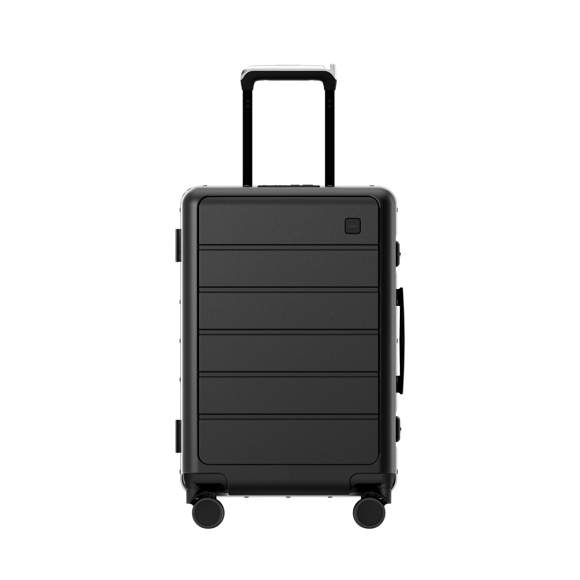 Front view of LUGGEX front-open carry-on suitcase with spinner wheels and adjustable telescopic handle for smooth travel. #show #color-black