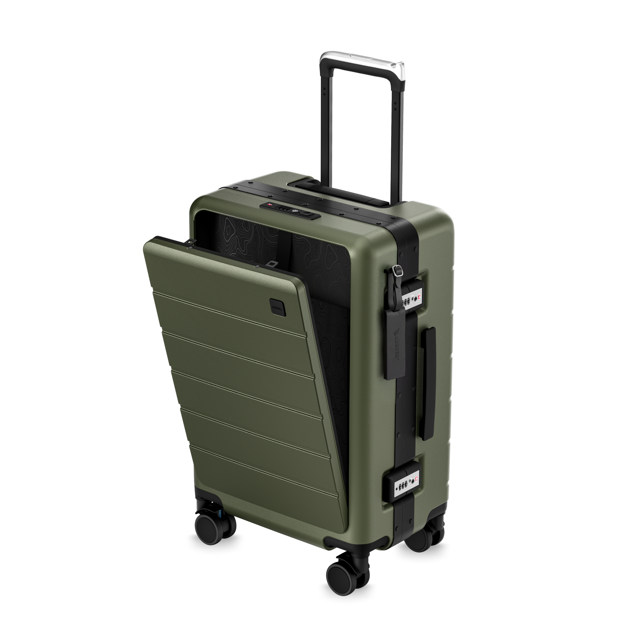LUGGEX front-open carry-on luggage with laptop pocket, TSA lock, aluminum frame, and smooth 360° spinner wheels for easy airport travel . #color-olive-green