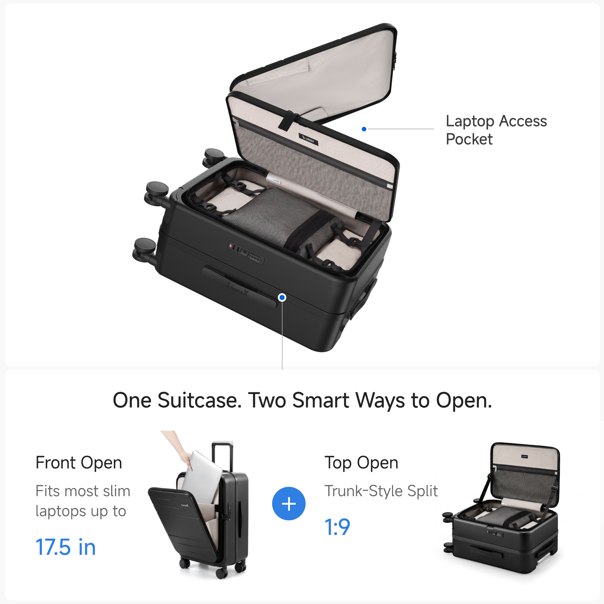 LUGGEX dual-access carry-on luggage featuring a front open laptop pocket for slim laptops up to 17.5 inches and a top-open trunk design for easy access in tight spaces #color_black