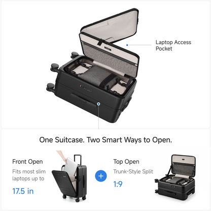 LUGGEX dual-access carry-on luggage featuring a front open laptop pocket for slim laptops up to 17.5 inches and a top-open trunk design for easy access in tight spaces 