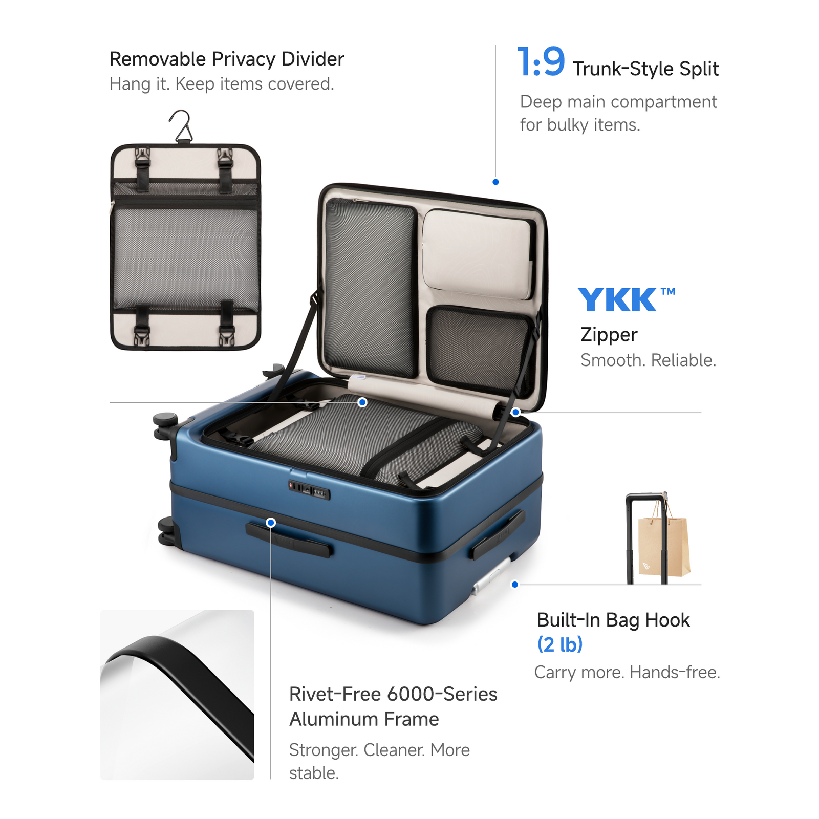LUGGEX front-open zippered check-in suitcase featuring a trunk-style interior, removable privacy divider, YKK® zipper, rivet-free aluminum frame, and built-in bag hook—designed for smarter, more organized travel.
#color_blue
