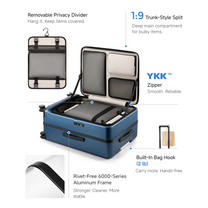 LUGGEX front-open zippered check-in suitcase featuring a trunk-style interior, removable privacy divider, YKK® zipper, rivet-free aluminum frame, and built-in bag hook—designed for smarter, more organized travel.
#color_blue