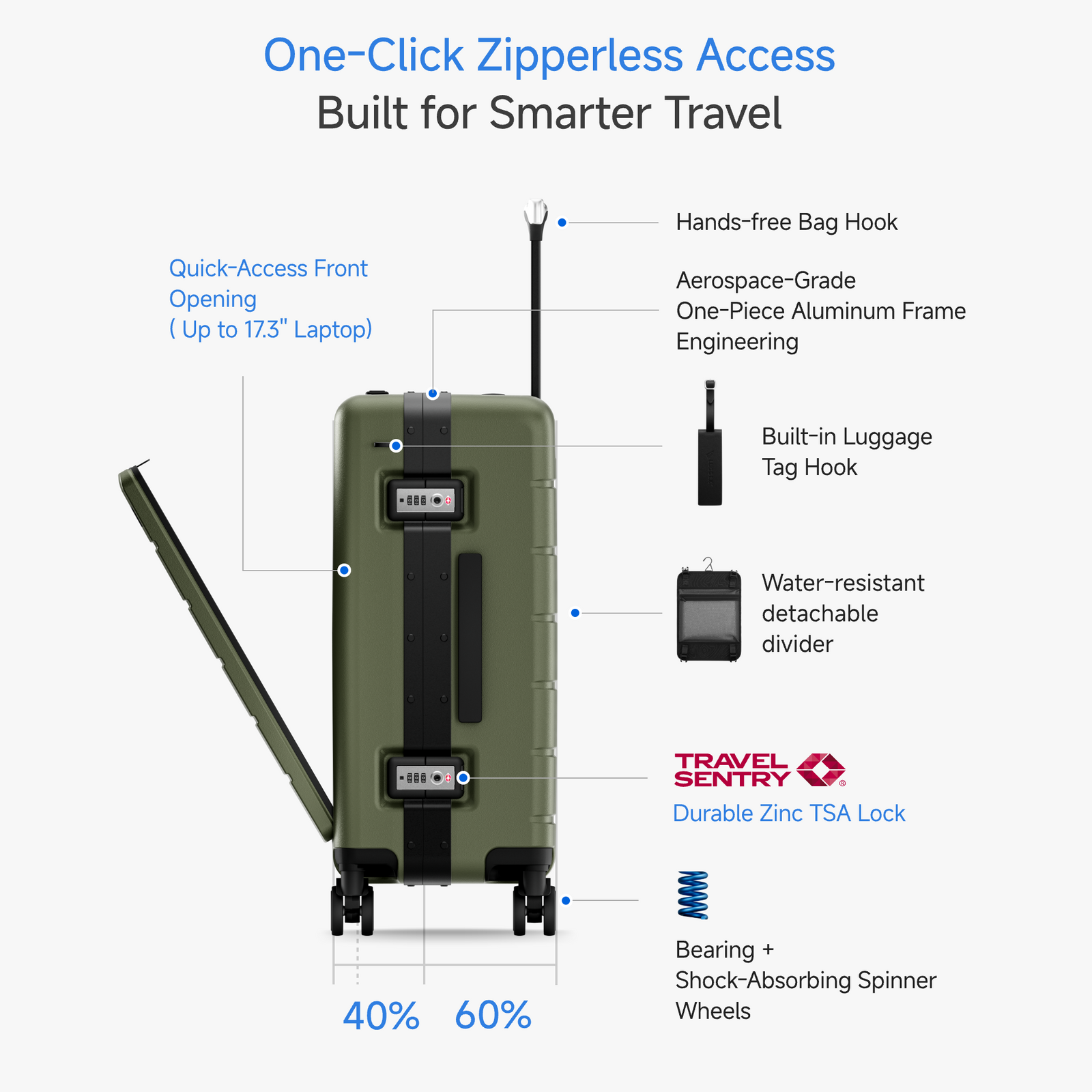 LUGGEX front-open zipperless carry-on suitcase with aluminum frame, zinc TSA locks, shock-absorbing spinner wheels and detachable divider for organized travel. #color_olive_green