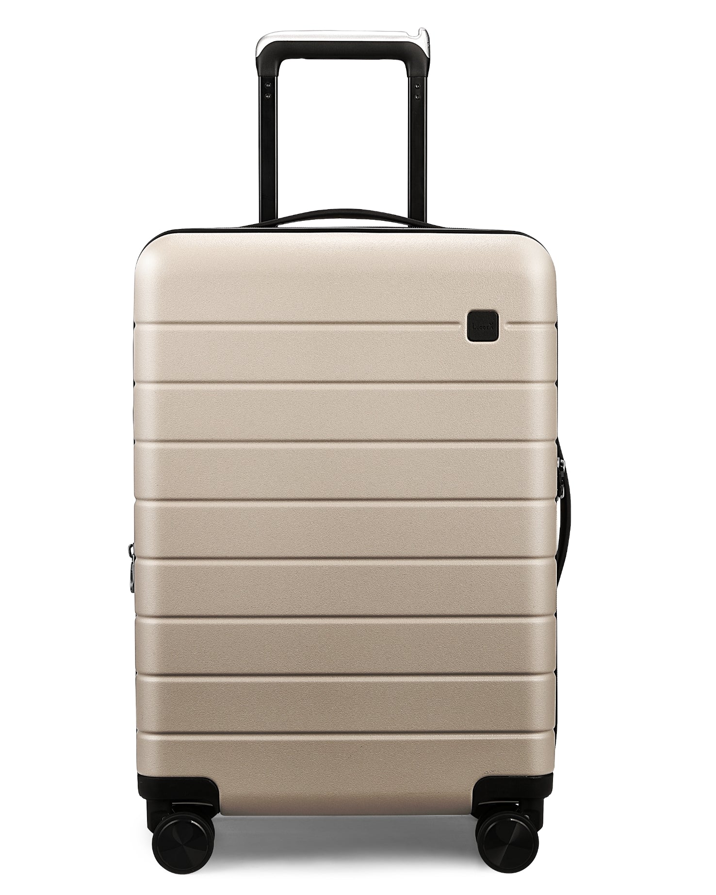 Front view of durable sand dune-colored carry-on luggage constructed from 100% polycarbonate (PC) material, lightweight design for air travel #color_sand-dune