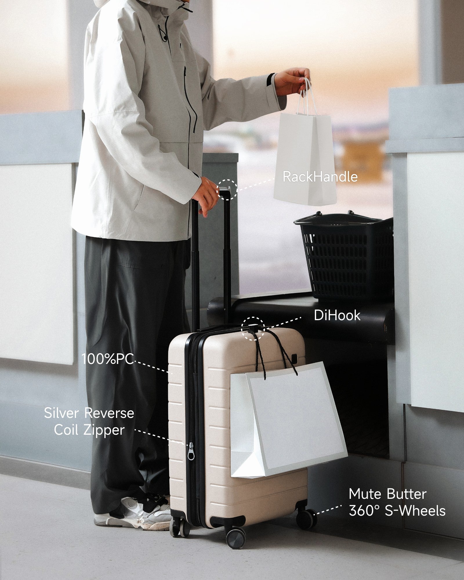 Best Carry-On Suitcase with DiHook & Handy Pouch for Airport Travel - Attached Shopping Bag & Handbag Organizer #color_sand-dune