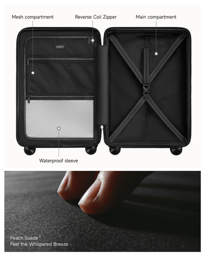 Carry on luggage suitcase interior view showing organized compartments and durable fabric for travel essentials 