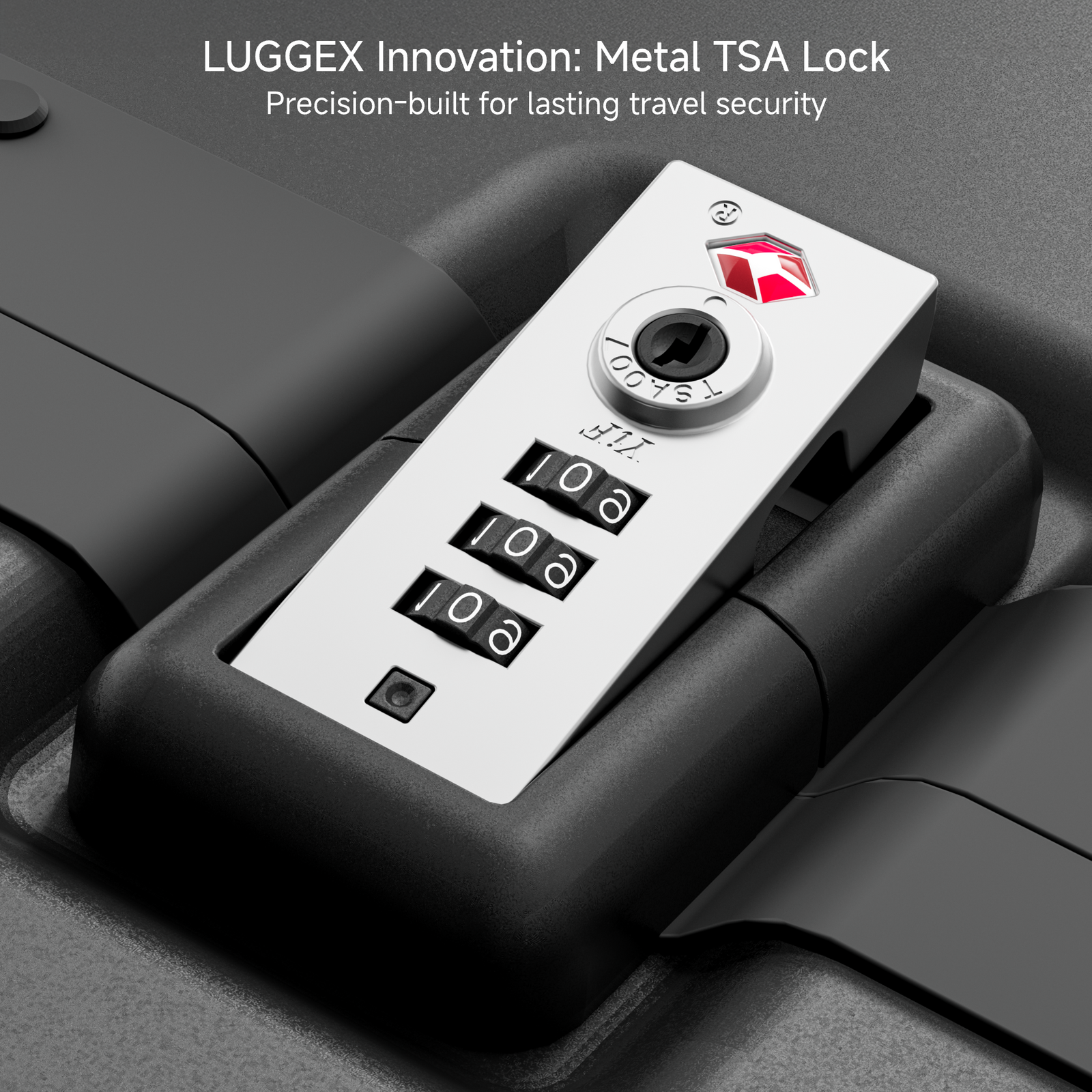LUGGEX precision-engineered zinc TSA lock system providing enhanced luggage security for modern travelers. #color_black