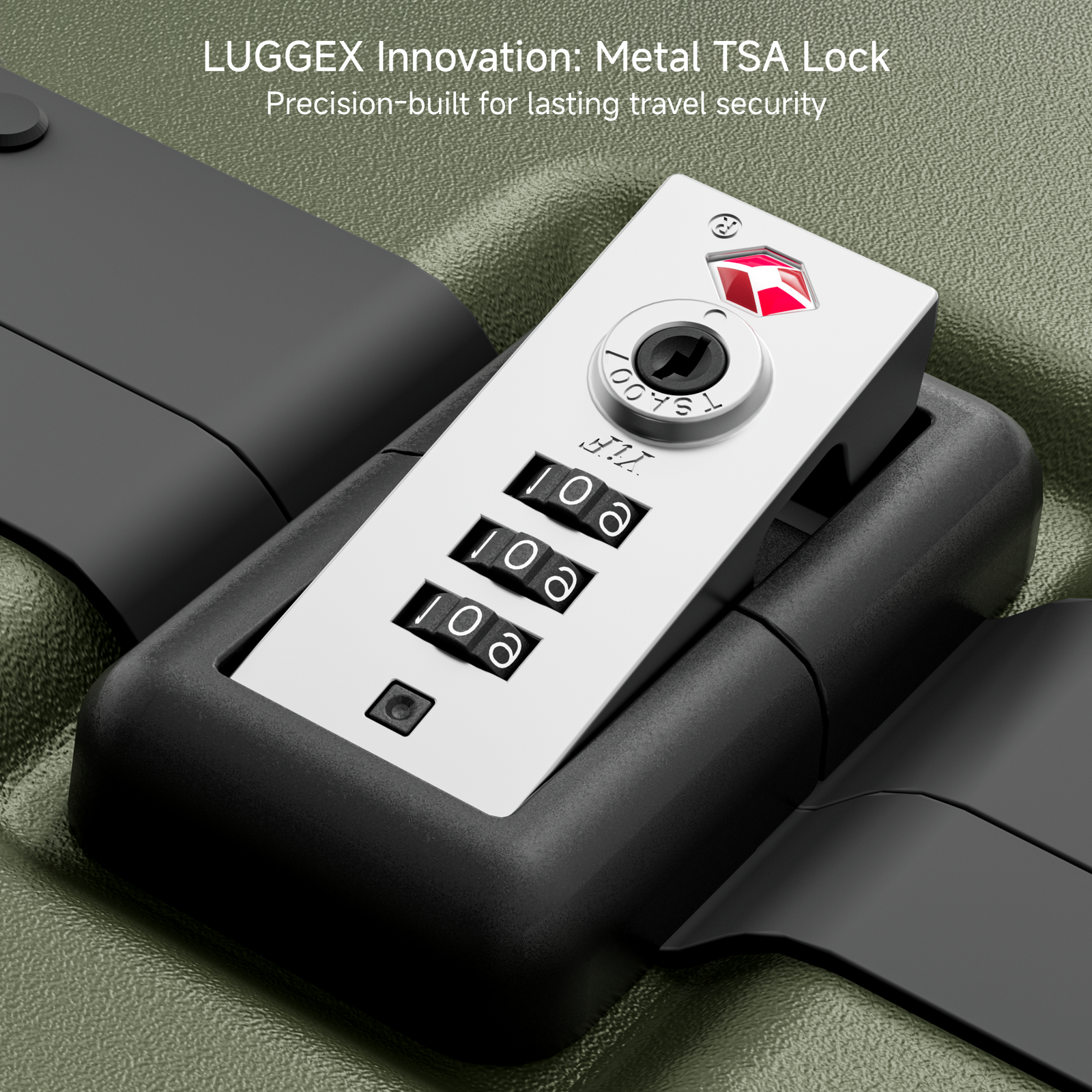 LUGGEX precision-engineered zinc TSA lock system providing enhanced luggage security for modern travelers. #color_olive_green
