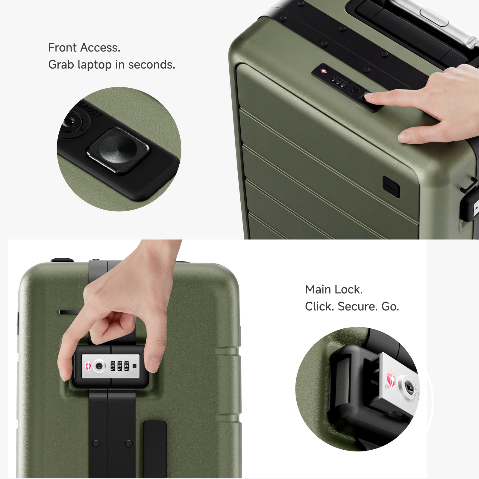 LUGGEX one-click front-open carry-on luggage with zipperless TSA lock system for fast laptop access and secure travel. #color_olive_green
