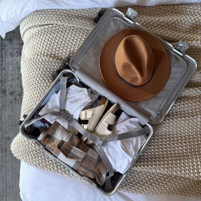 Open silver LUGGEX aluminum-frame suitcase on a bed, packed with clothes and sandals held in place by compression straps, with a tan fedora in the lid.#color_charcoal
