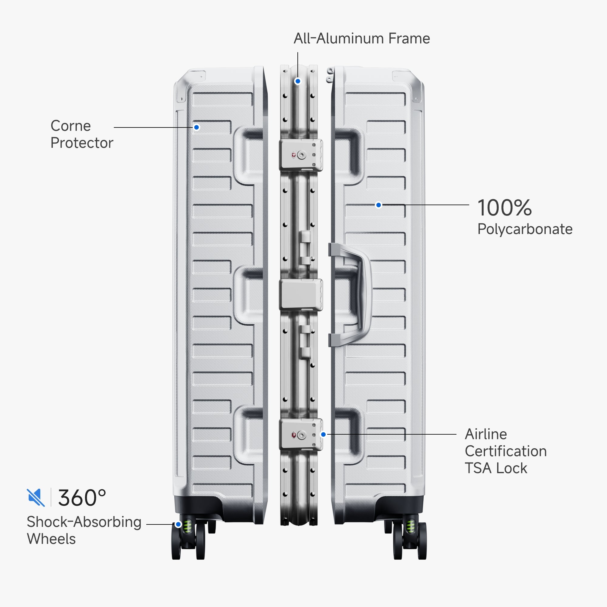 LUGGEX sliver grey 100% polycarbonate aluminum frame check-in large luggage suitcase with TSA-approved lock, corner protectors and shock-absorbing wheels
