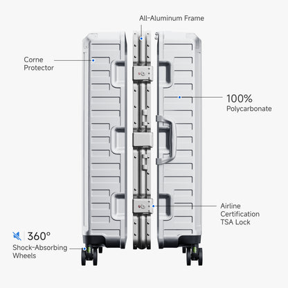 LUGGEX sliver grey 100% polycarbonate aluminum frame check-in large luggage suitcase with TSA-approved lock, corner protectors and shock-absorbing wheels
