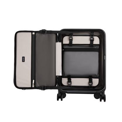 LUGGEX FLP carry-on luggage interior featuring a removable divider, compression straps, and organized packing compartments that provide privacy and help keep your belongings securely in place. 