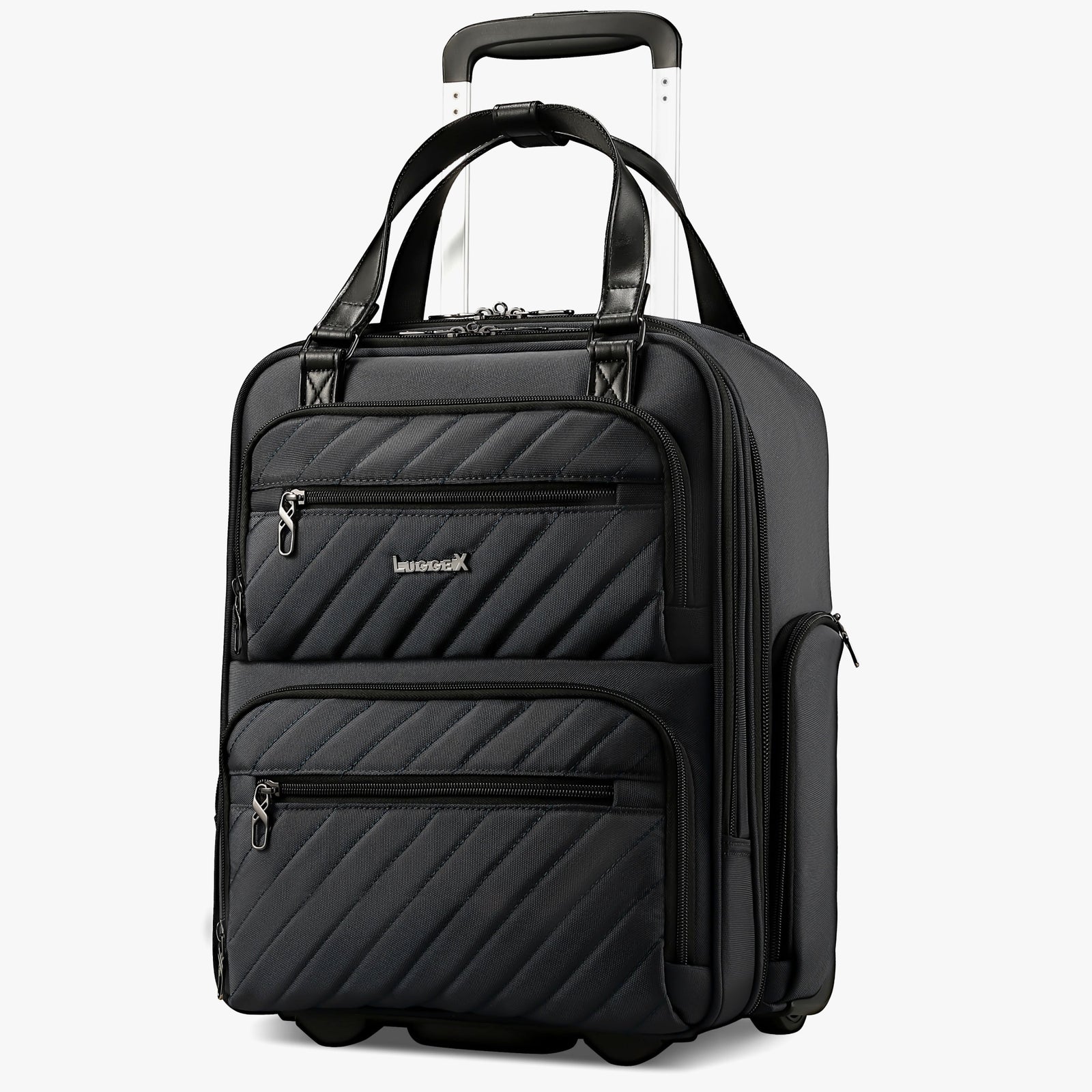 LUGGEX 16-inch airline-approved underseat carry-on luggage with wheels, featuring a laptop compartment and silent spinner wheels for smooth travel. 