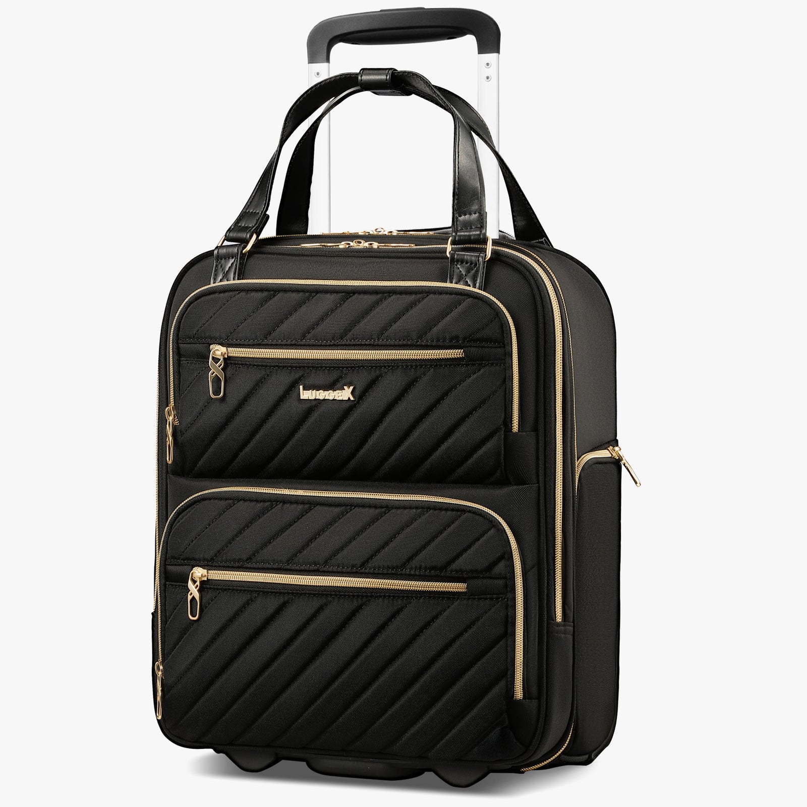 LUGGEX 16-inch airline-approved underseat carry-on luggage with wheels, featuring a laptop compartment and silent spinner wheels for smooth travel. 