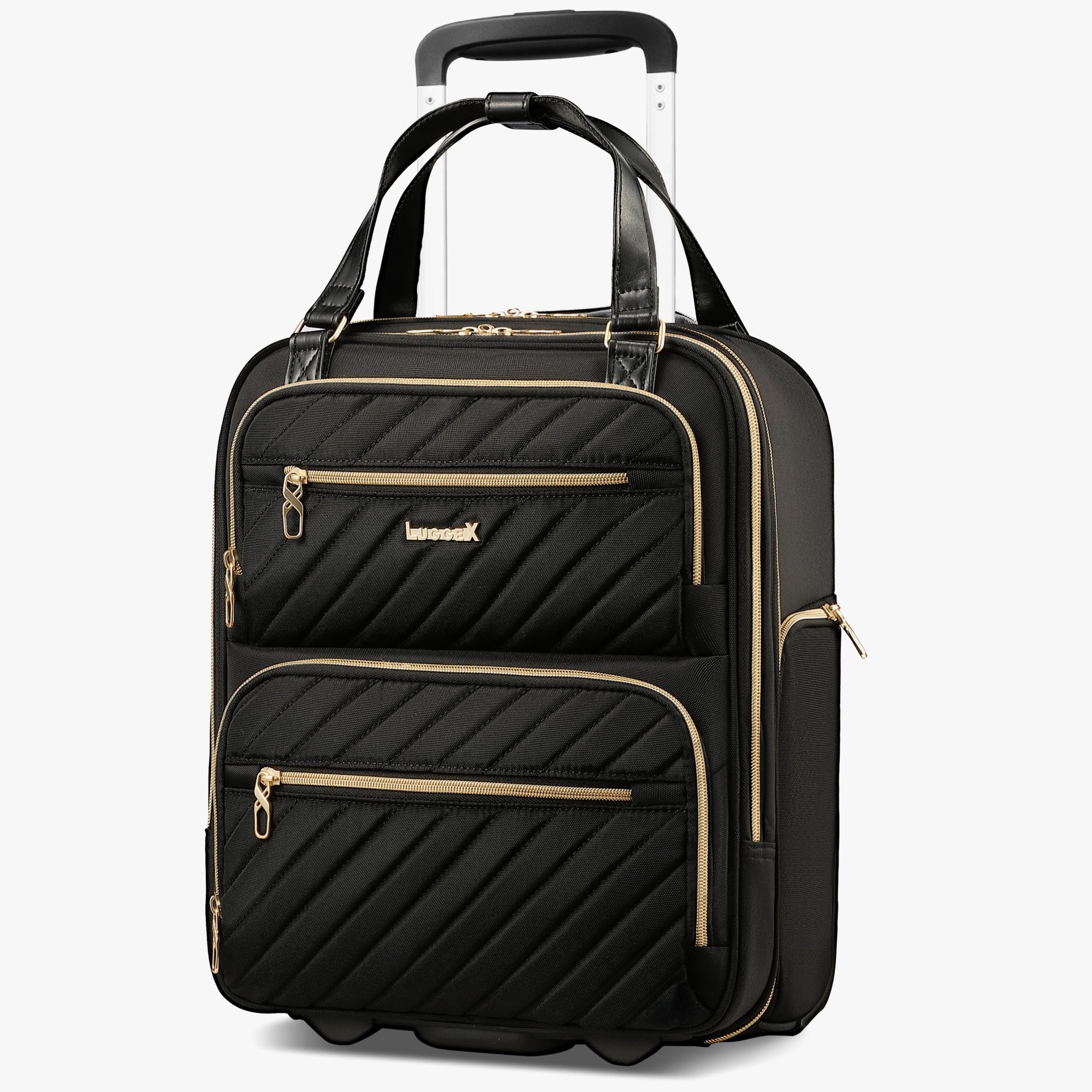 LUGGEX 16-inch airline-approved underseat carry-on luggage with wheels, featuring a laptop compartment and silent spinner wheels for smooth travel. #color-black