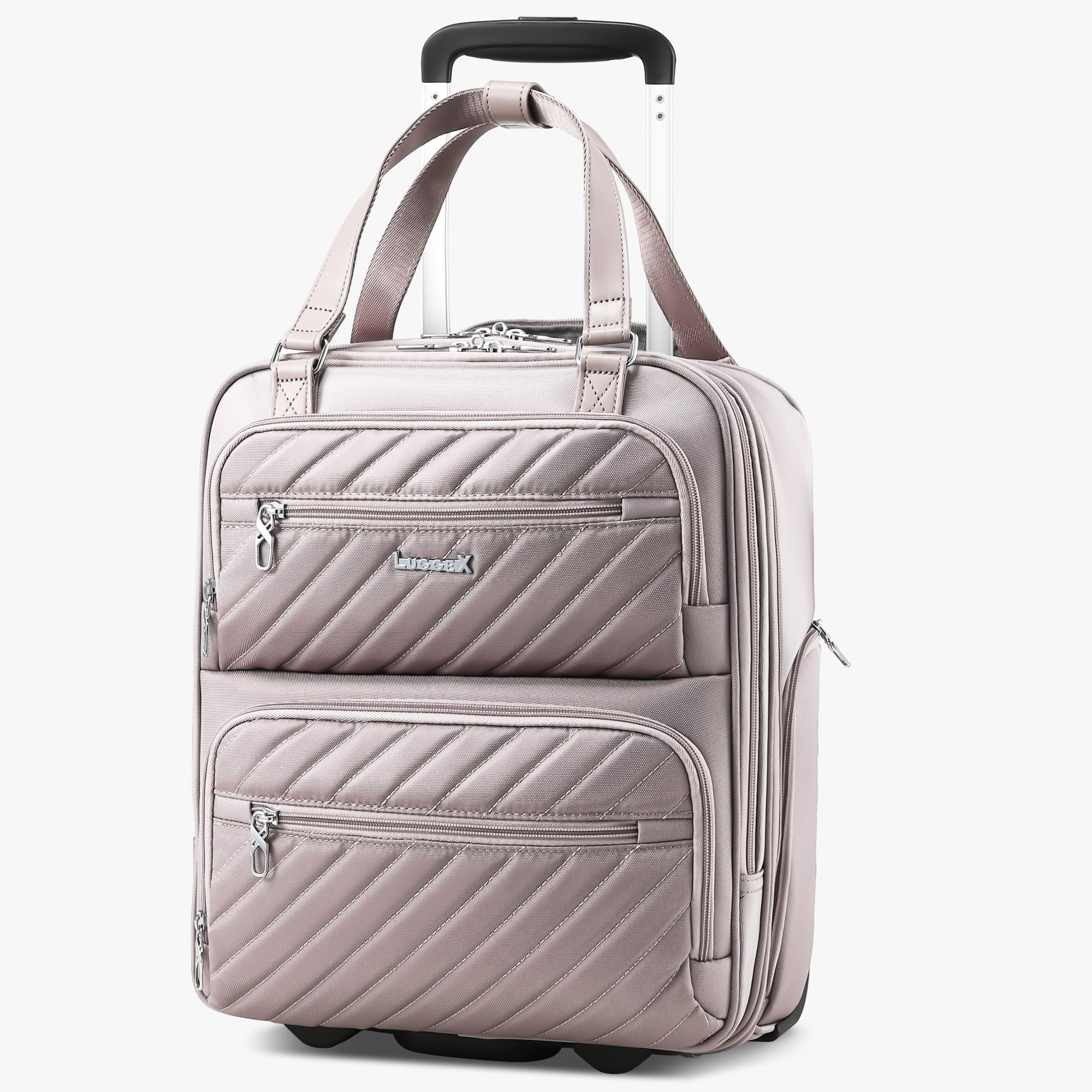 LUGGEX 16-inch airline-approved underseat carry-on luggage with wheels, featuring a laptop compartment and silent spinner wheels for smooth travel. #color-grey-pink