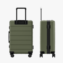 Back and side view of LUGGEX zipperless carry-on suitcase showing adjustable telescopic handle and reinforced aluminum frame for stable and durable travel. #show #olor_olive_green