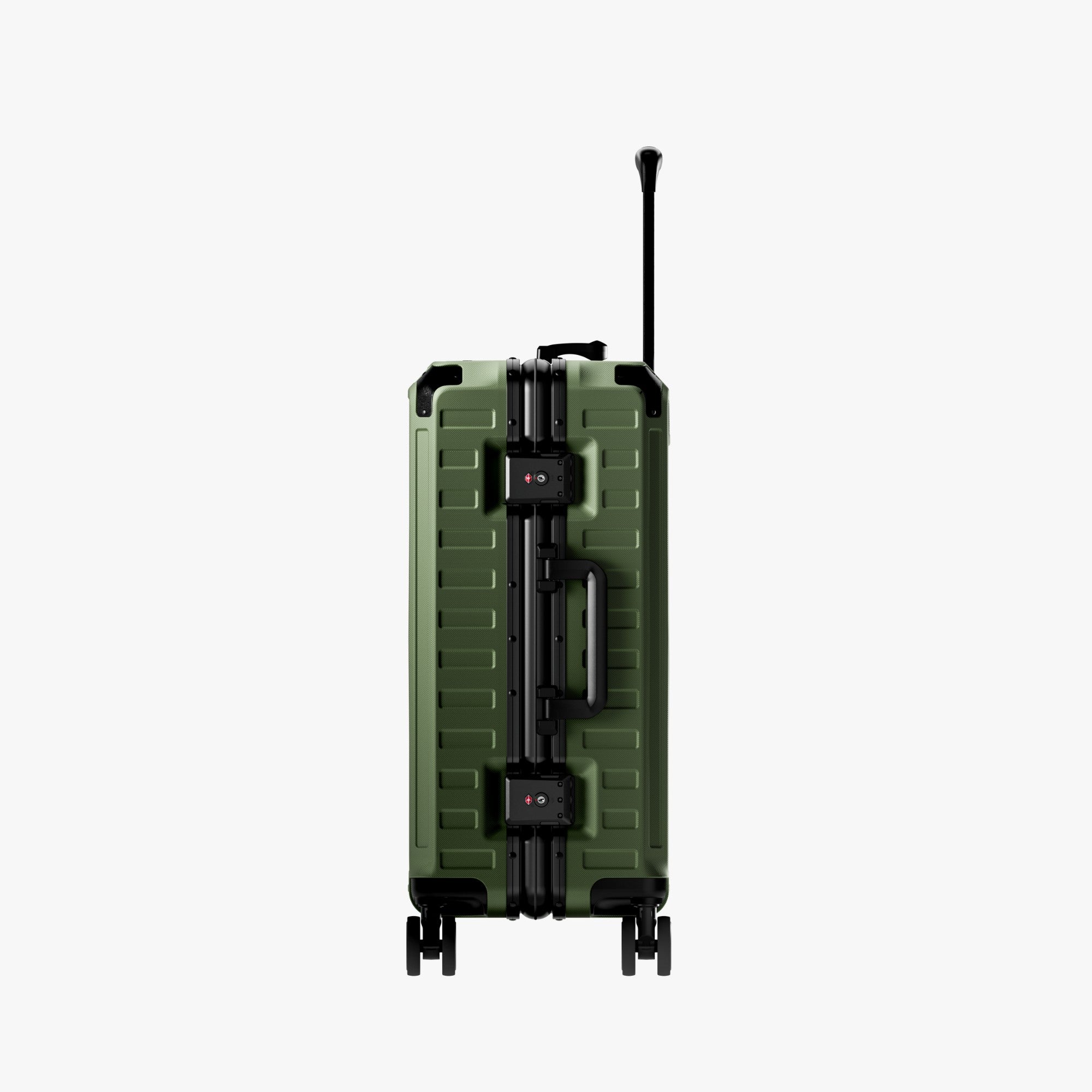 Side view of LUGGEX zipperless aluminum carry-on featuring dual TSA-approved locks and reinforced frame construction. #color_olive_green #show