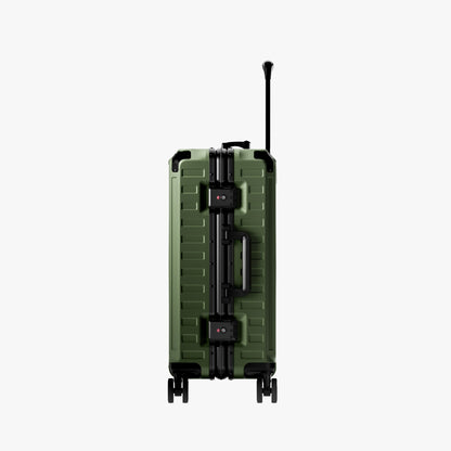 Side view of LUGGEX zipperless aluminum carry-on featuring dual TSA-approved locks and reinforced frame construction. #color_olive_green #show