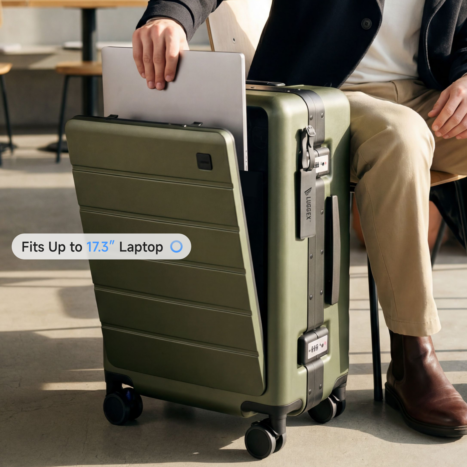 LUGGEX front-open zipperless carry-on suitcase with quick-access laptop compartment designed for faster and more convenient travel. #show #color_olive_green