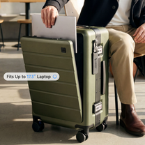 LUGGEX front-open zipperless carry-on suitcase with quick-access laptop compartment designed for faster and more convenient travel. #show #color_olive_green