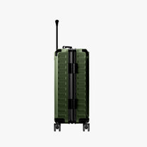 The LUGGEX zipperless carry-on features a reinforced central hinge and rigid aluminum frame, delivering enhanced structural stability and secure closure without traditional zippers. #show #color_olive_green