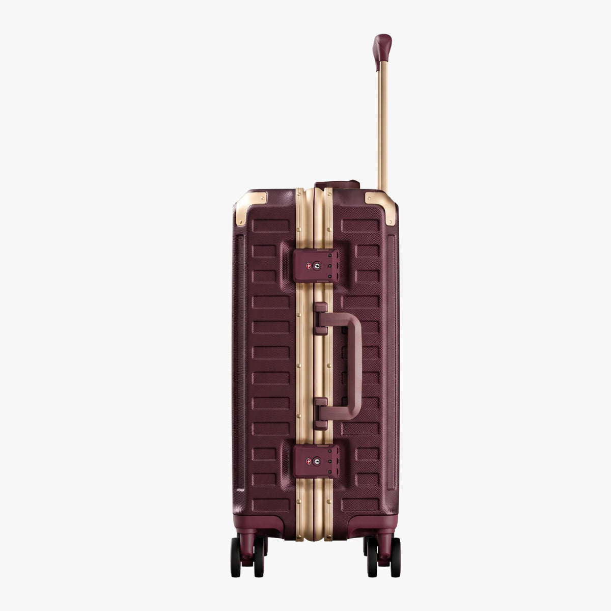 LUGGEX ZX 20-inch Cherry suitcase, latch side view. #color_cherry