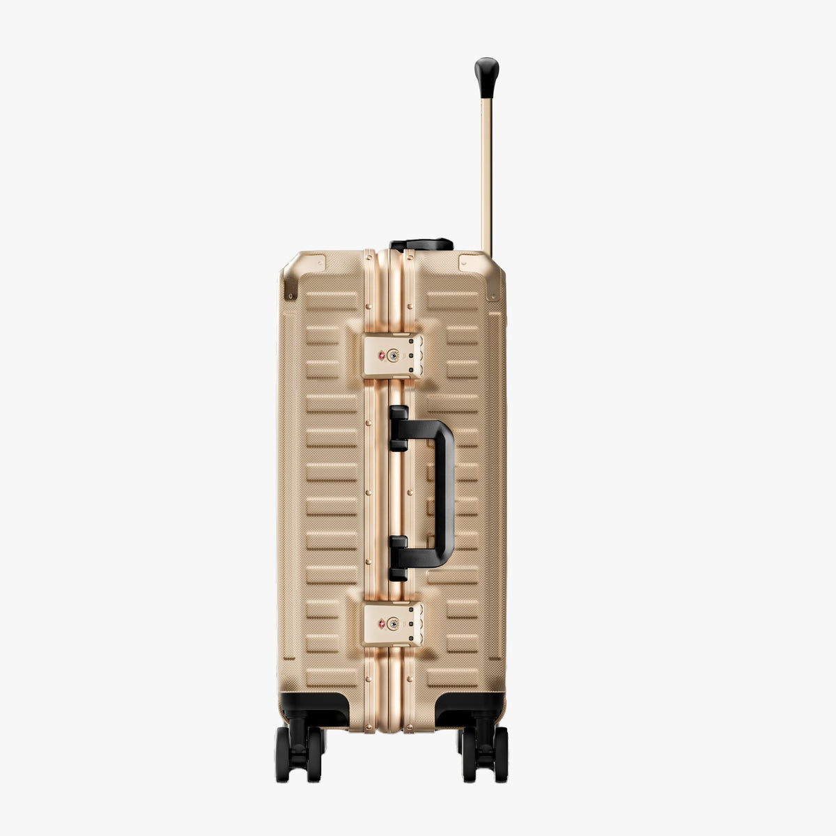 LUGGEX ZX 20-inch champagne gold suitcase, latch side view. #color_champagne_gold