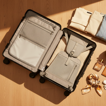 Open LUGGEX ZX aluminum carry-on showing structured interior organization with removable divider and mesh compartments for neat and efficient travel packing. #color_black