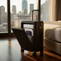 LUGGEX ZX all-in-one zipperless aluminum carry-on with front laptop access, designed for smooth and efficient business travel in modern hotel environments. #color_black