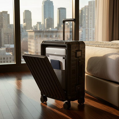 LUGGEX ZX all-in-one zipperless aluminum carry-on with front laptop access, designed for smooth and efficient business travel in modern hotel environments. #color_black