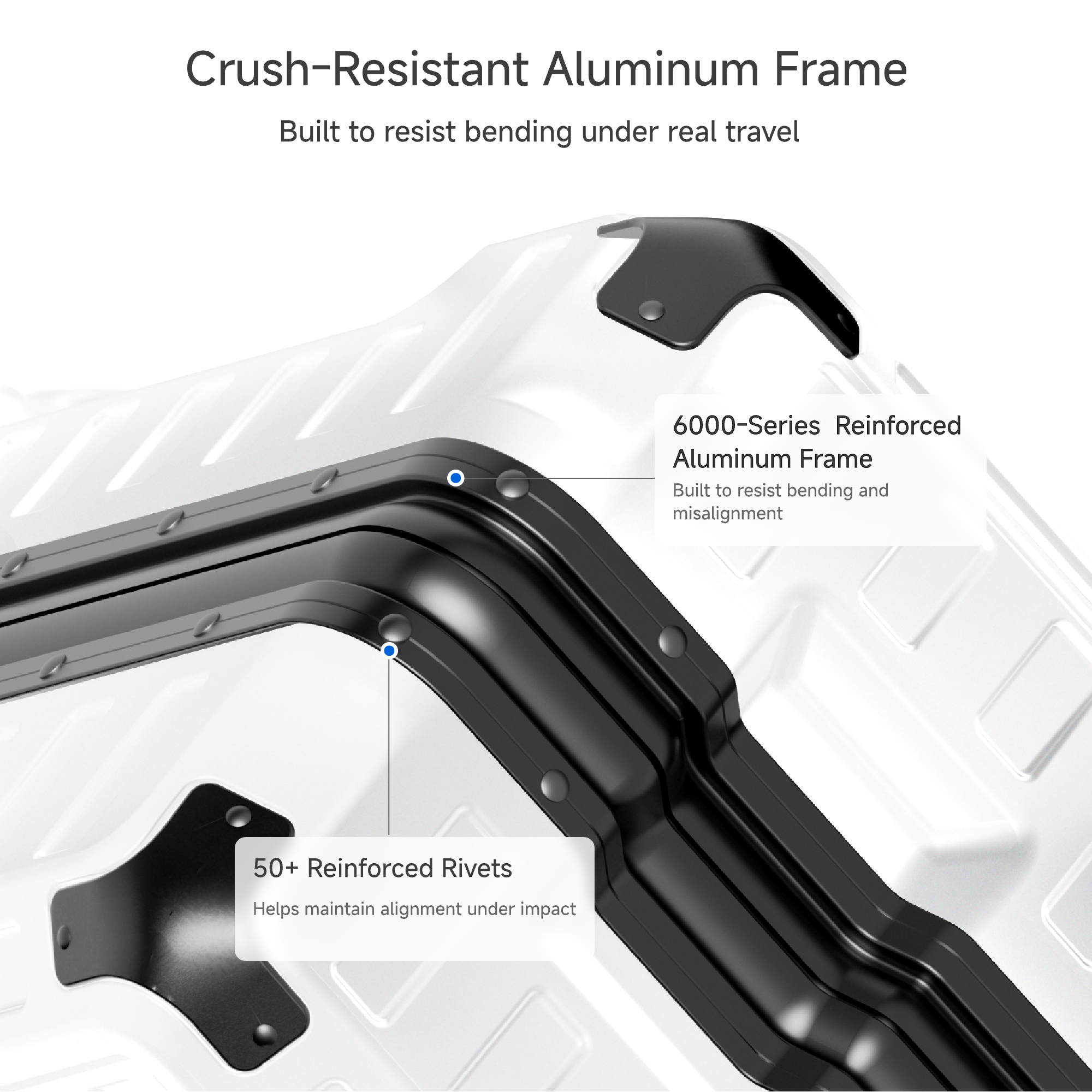 Detail view of LUGGEX ZX all-in-one carry-on aluminum frame with reinforced rivets and protective corner guards, designed to resist impact and maintain structure during travel. #color_black