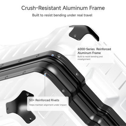 Detail view of LUGGEX ZX all-in-one carry-on aluminum frame with reinforced rivets and protective corner guards, designed to resist impact and maintain structure during travel. #color_black